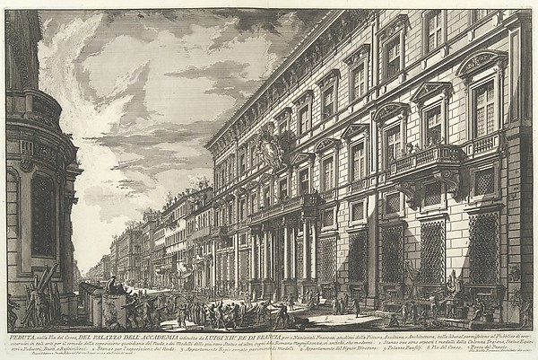 Giovanni Battista Piranesi, View along the Via del Corso of the Palazzo dell'Accademia, established by Louis XIV, King of France for French students of Painting, Sculpture and Architecture..., from "Vedute di Roma" (Views of Rome), part I