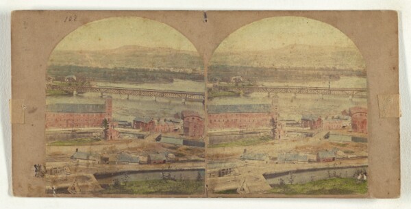 New York Stereoscopic Company, Cohoes Village, Erie Canal in the foreground, Railroad Bridge in the distance.