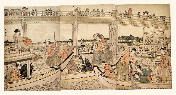 Kitagawa Utamaro, Fishing Boats with Nets under Ryōgoku Bridge