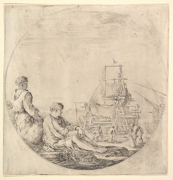Stefano della Bella, A Black sailor standing to left, in profile to the right, a White sailor seated in center with legs outstretched, a ship being repaired to right in the background