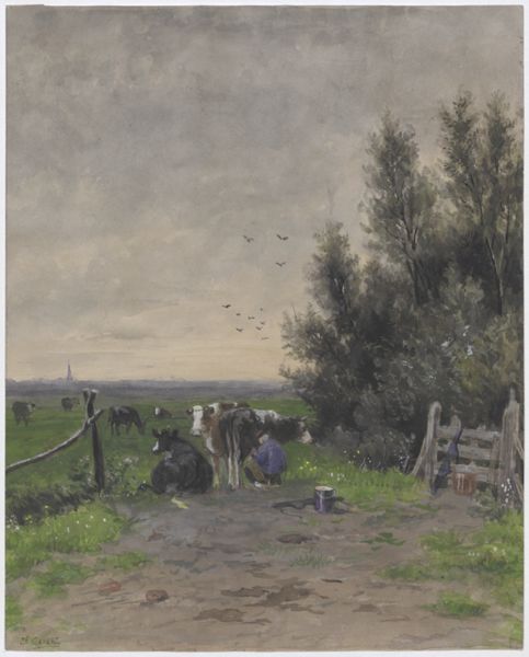Kikkert, Jan Elias, (1843-1925), (artist), Landscape with a farmer milking a cow