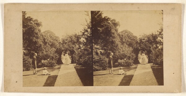Unknown, [Woman walking down a path, man and child to left]