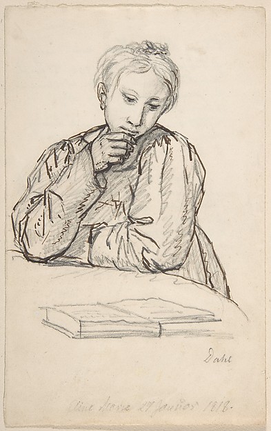 Johan Christian Dahl, Portrait of Eline Marie Heger as a Child, Leaning on a Table, Looking at a Book