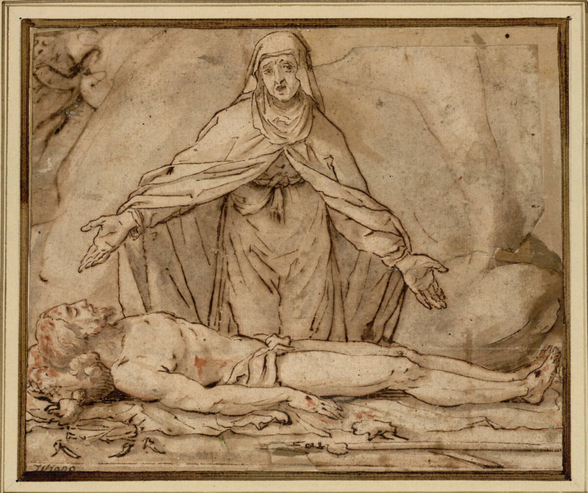 Anonym, Beweinung Christi. Maria kniet in Vorderansicht mit ausgebreiteten Armen vor dem in Seitenansicht flach vor ihr am Boden liegenden Christus