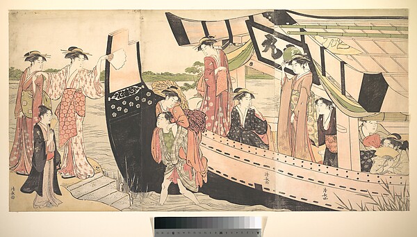 Torii Kiyonaga, Women Landing from a Pleasure Boat Drawn Up to the Shore at Mukojima on Sumida RIver, Edo