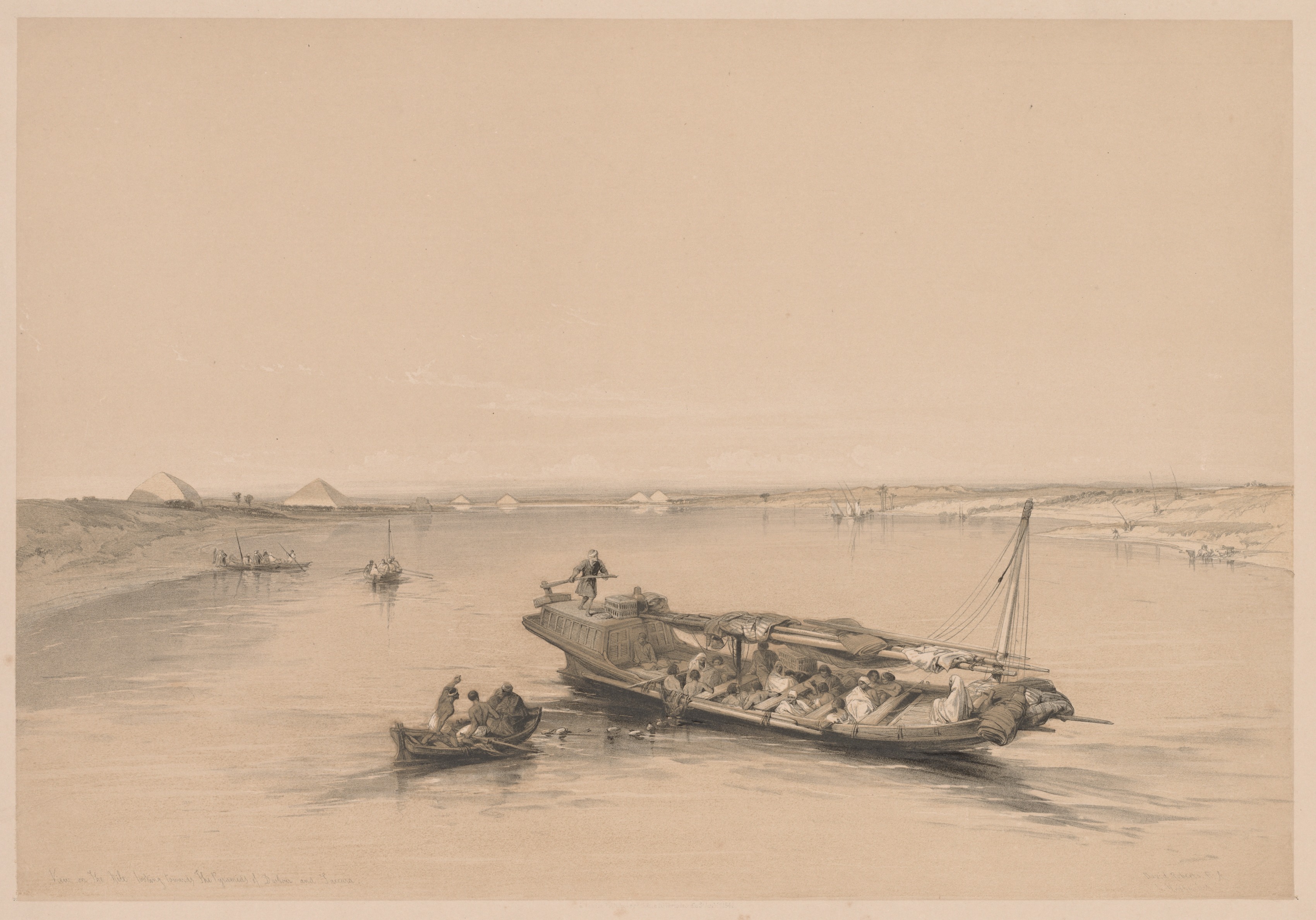 Louis Haghe, Egypt and Nubia:  Volume I - No. 4, Slave Boats on the Nile, View Looking Towards the Pyramids of Dashour and Saccara