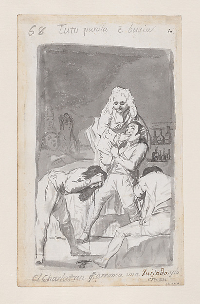 Goya (Francisco de Goya y Lucientes), A charlatan extracting a tooth from a patient's mouth, figure in the foreground vomiting; folio 68 (verso) from the Madrid Album "B"