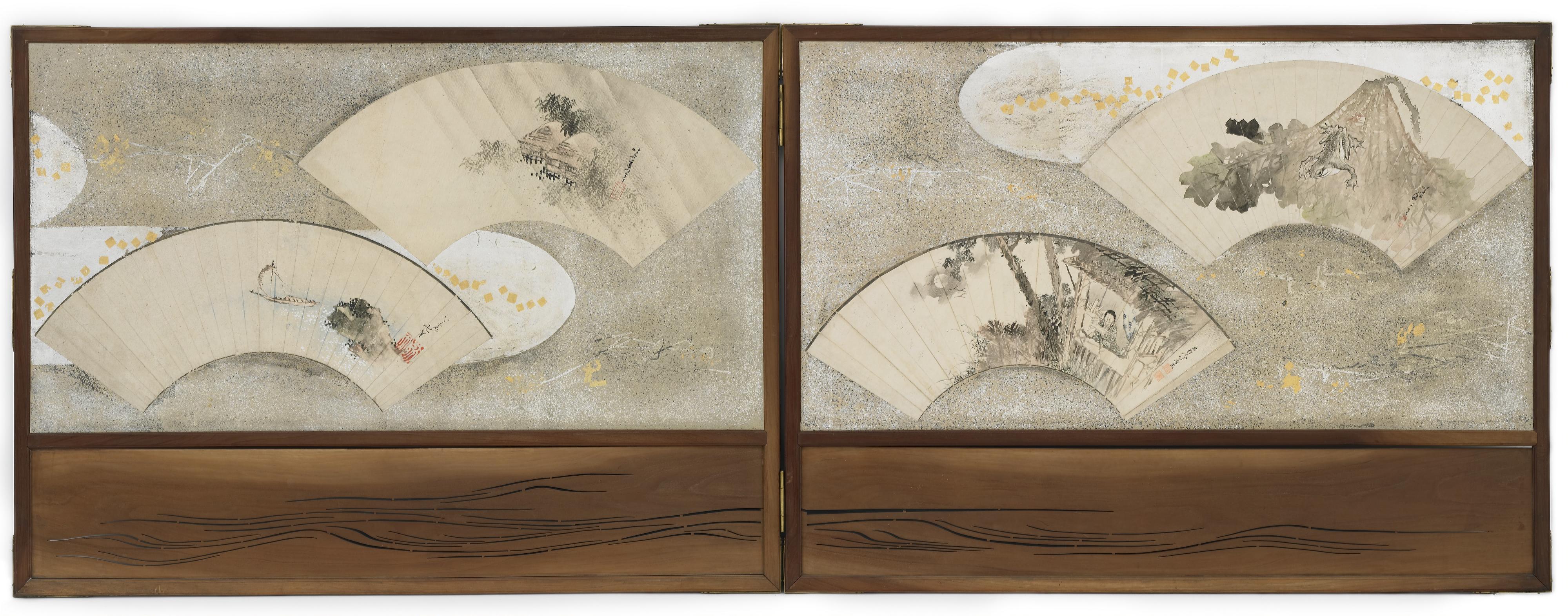 Katsushika Hokusai, Four fan paintings mounted on a screen; "Frog on Lotus Leaf", "Scholar in a House", "Landscape", and "Boat and Rock"