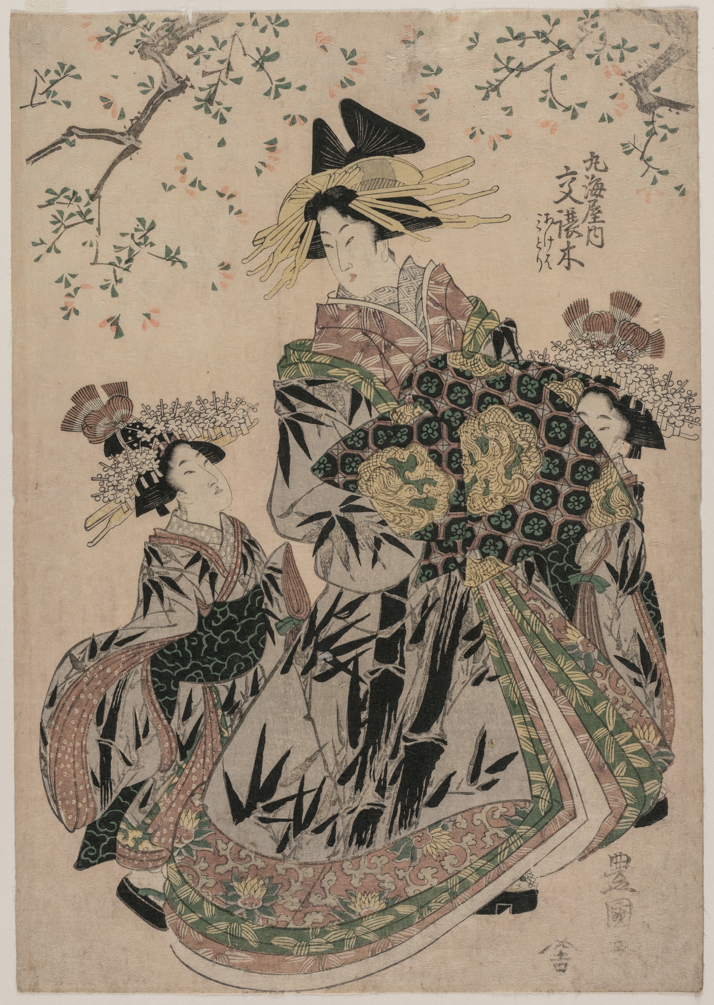 Utagawa Toyokuni, The Courtesan Katakoshigi (?) of Maruebiya with her Kamuro Ageha and Midori