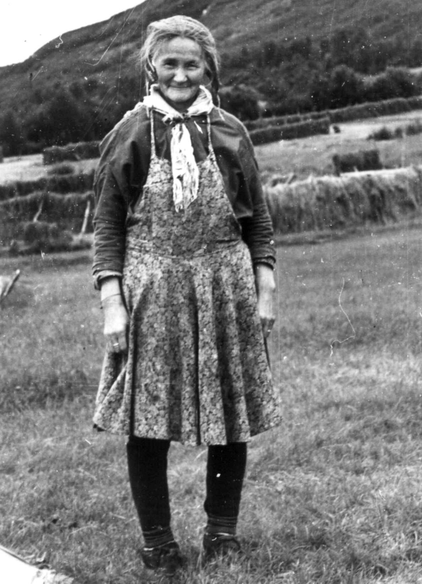 Anna Grostøl, Portrett av en samekvinne, hesjer i bakgrunnen. Olderdalen, Kåfjord, Troms 1947.
