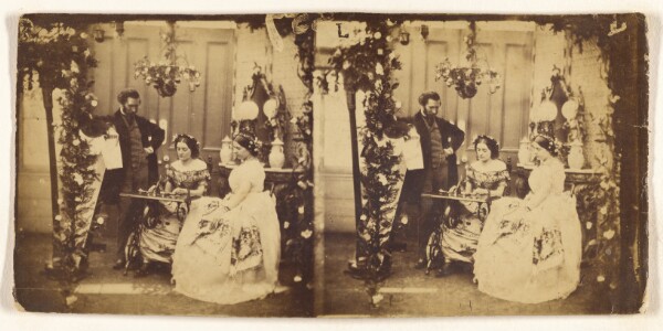 Unknown, [Woman sewing, man standing and woman seated looking on]