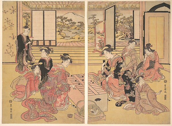 Utagawa Toyokuni I, Two Young Women Playing a Game of Sugoroku