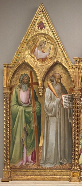 Agnolo Gaddi, Saint Andrew and Saint Benedict with the Archangel Gabriel [left panel]