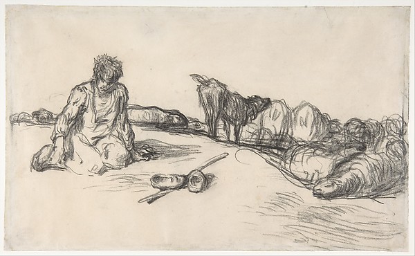 Jean-François Millet, A Seated Shepherd with His Dog and Sheep