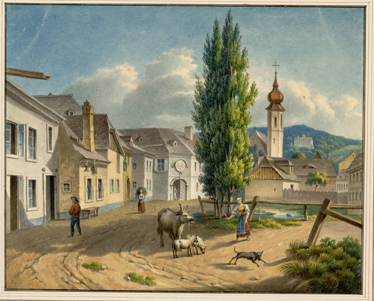 Anonym, Grinzing um 1790, Eingang in den Ort, gegen die Kirche aufgenommen