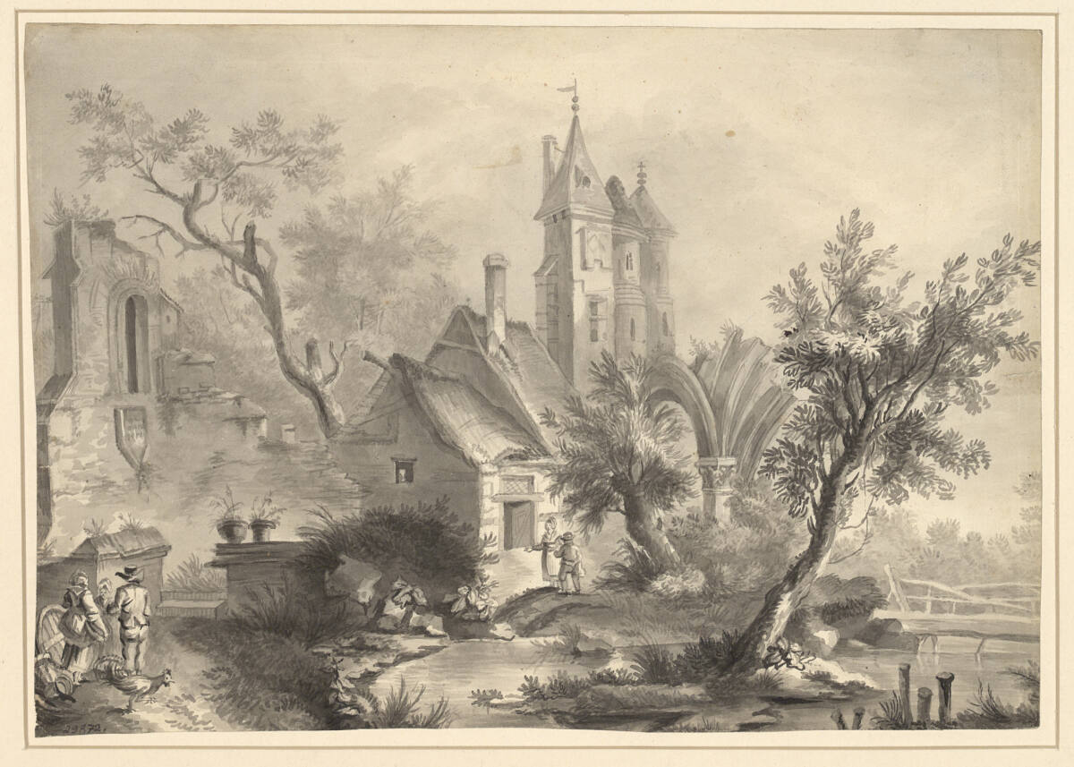Anonym, Bauernhaus in einer Kirchenruine, an einem Teich