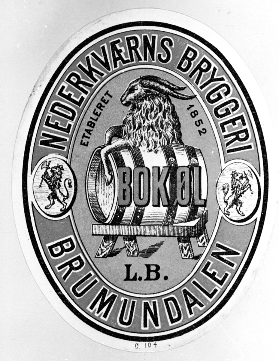 Anno Domkirkeodden, Etikett for flaskeøl, bokøl, Nederkværns Bryggeri, etablert 1852, Nederkværn, Brumunddal, Ringsaker.