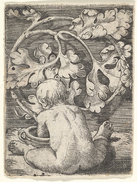 Barthel Beham, Naked Child Seen from Back Seated in Front of a Vessel