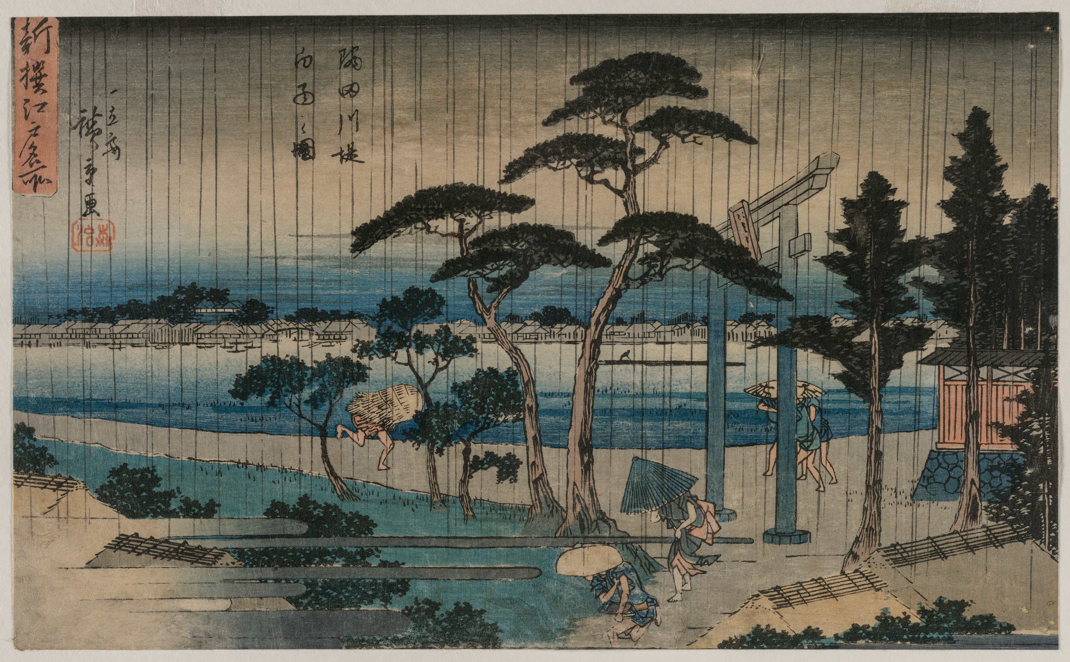 Utagawa Hiroshige, Picture of Light Rain on the Embankment of the Sumida River, from the series A New Selection of Famous Places in Edo
