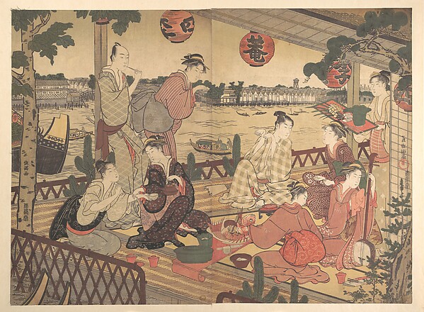 Kubo Shunman, Two Young Men and Several Women Dining at a Tea-house on the Bank of the Sumida River