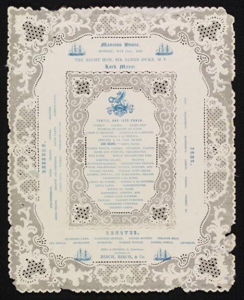 Unknown, Menu of a banquet given by the Lord Mayor Sir James Duke