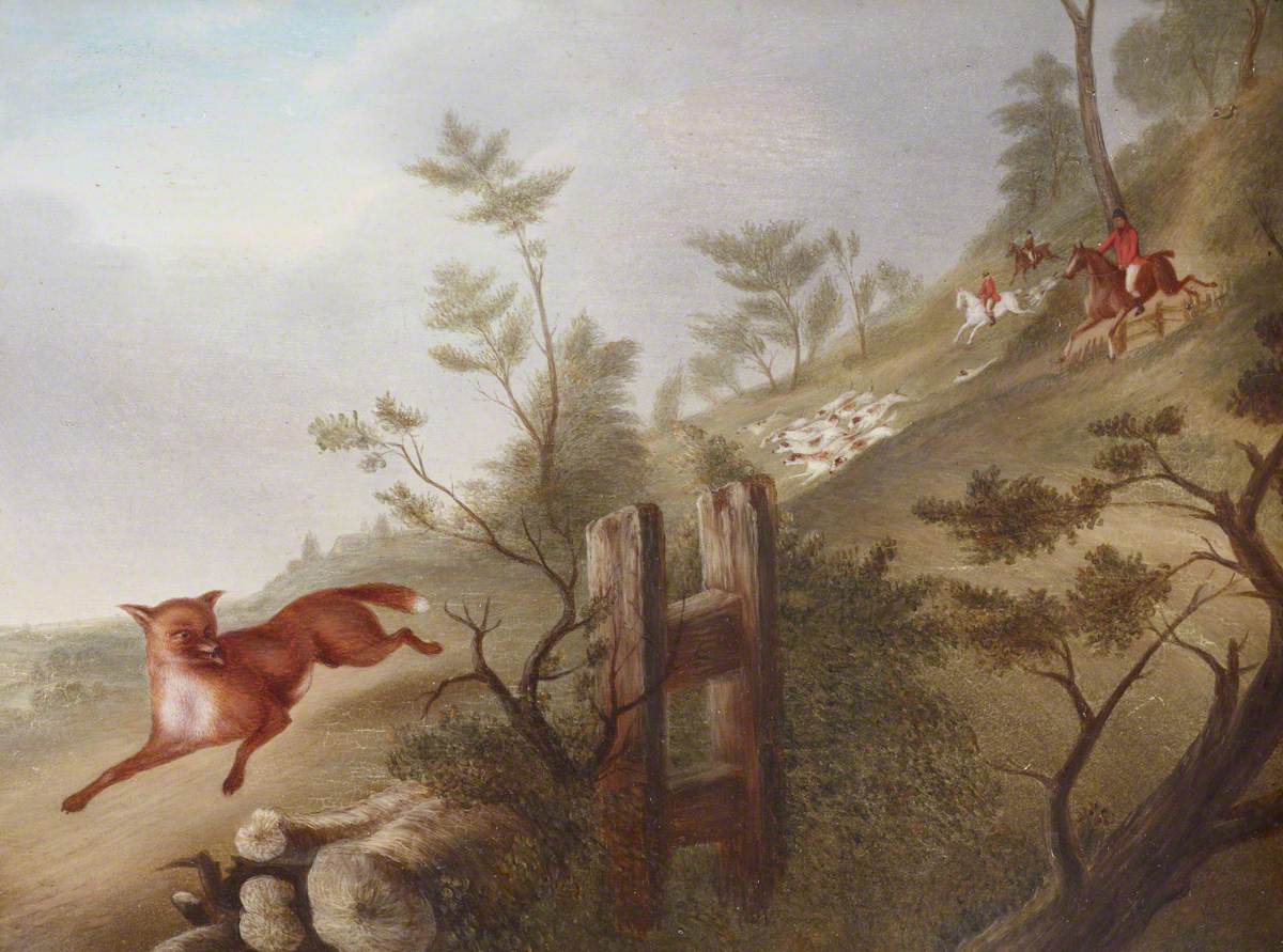 Richard Barrett Davis, Hunting Scene: a Fox followed by Hounds and Huntsmen in Full Cry, down a Hill