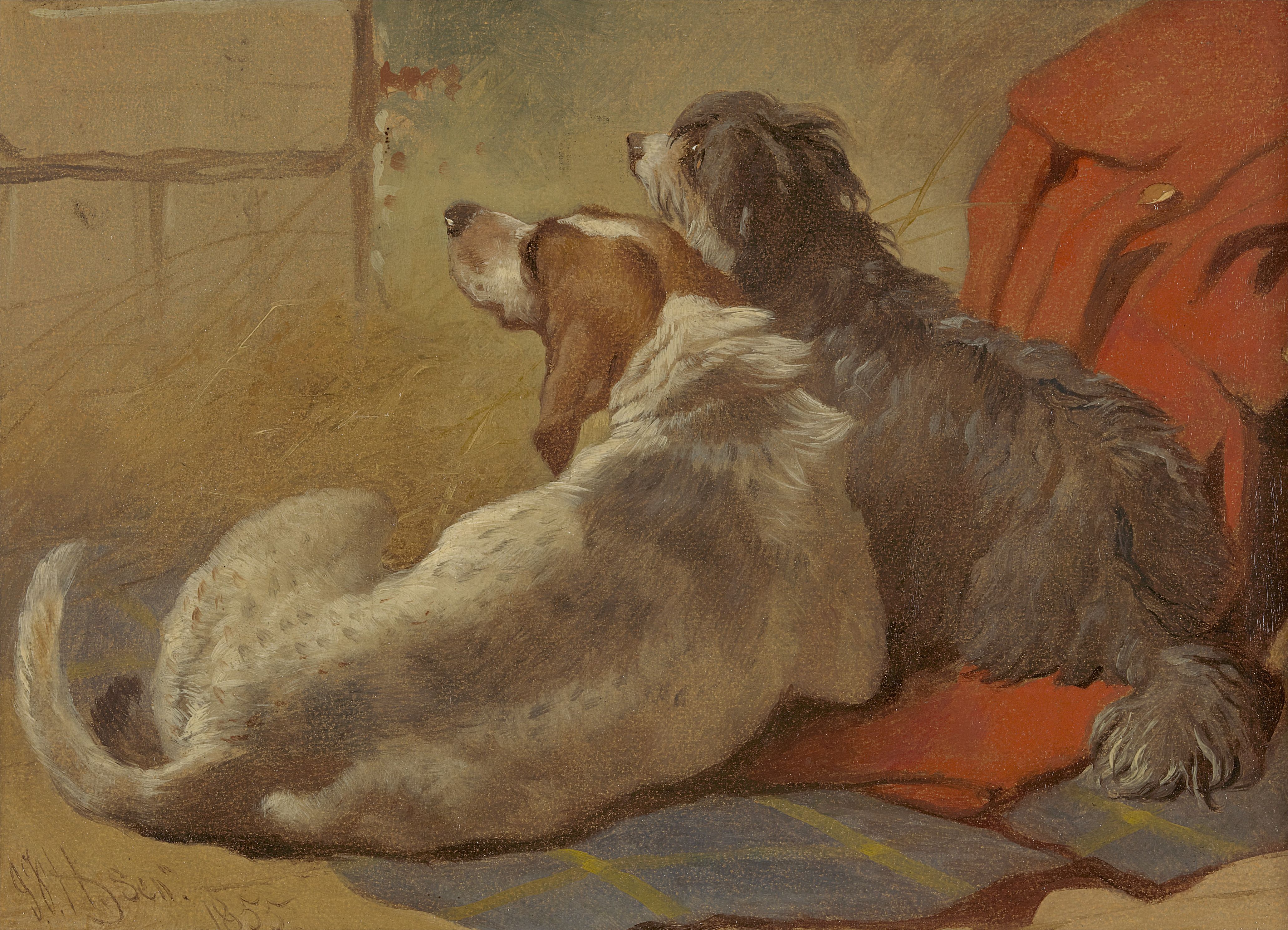 John Frederick Herring, Sr., A Hound and a Bearded Collie seated on a Hunting Coat