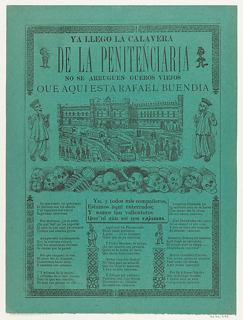 José Guadalupe Posada, The arrival of the skeletons of the penitentiary (Posada); two skeleton angels in lower corners of verso (Manilla)