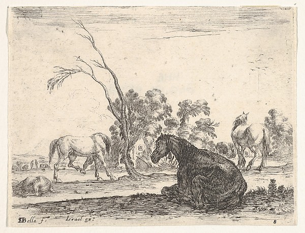Stefano della Bella, Plate 8: a seated horse to right, seen from behind and turned to the left, three other horses in middleground, a tree in center, from "Various Figures" (Agréable diversité de figures)