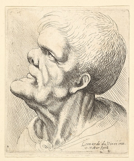 Wenceslaus Hollar, Head of a man with protruding chin and snub nose looking upwards in profile to left