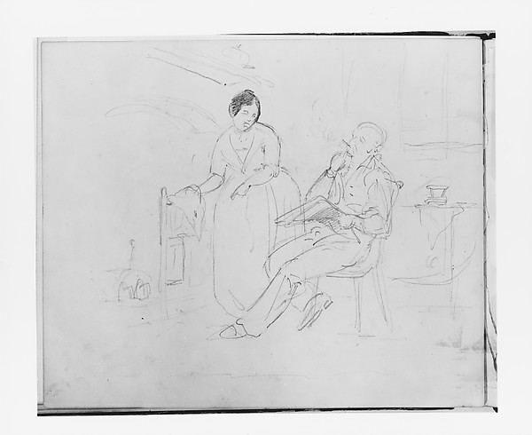 Francis William Edmonds, Interior Scene with Man Smoking and Woman Pointing (from Sketchbook)