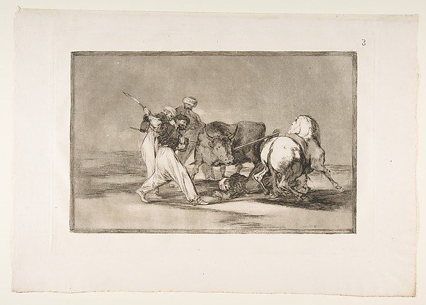Goya (Francisco de Goya y Lucientes), Plate 3 from " La Tauromaquia": The Moors settled in Spain, giving up the superstitions of the Koran, adopted this art of hunting, and spear a bull in the open