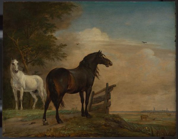 Paulus Potter, Twee paarden in de wei bij een hek