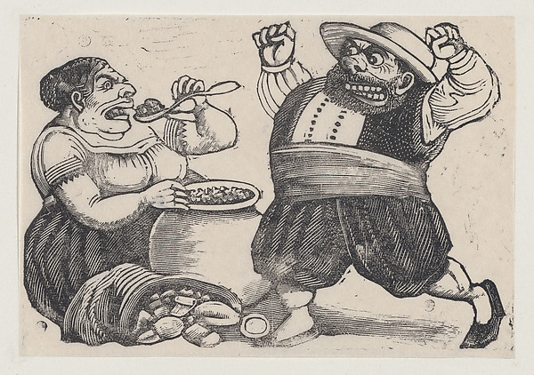 José Guadalupe Posada, A woman eating and a man facing her with an angry expression and raised fists, from a broadside entitled 'Loa dicha por Sancho Panza y Doña Cenobia en honor de la Pureza de Maria Santisima'