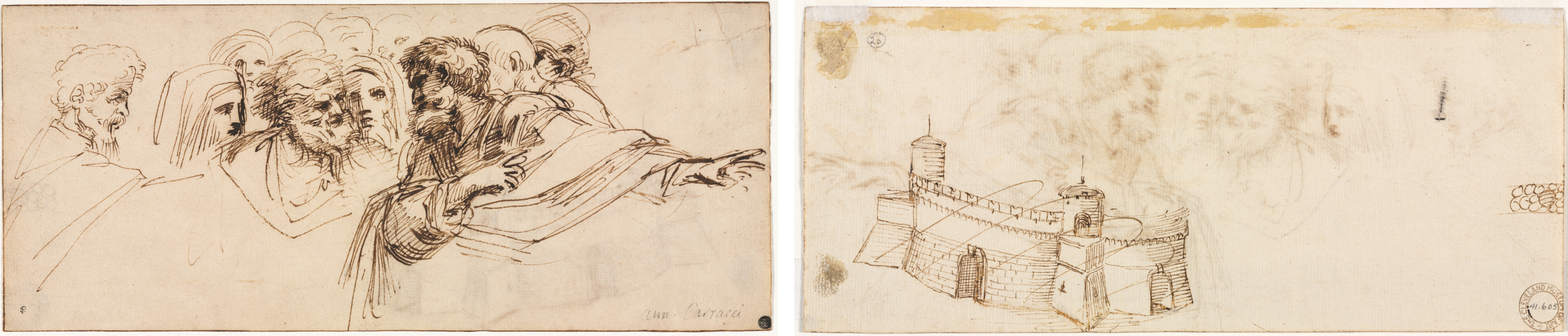 Agostino Carracci, Study of Heads (recto); Crenelated Fortress (verso)