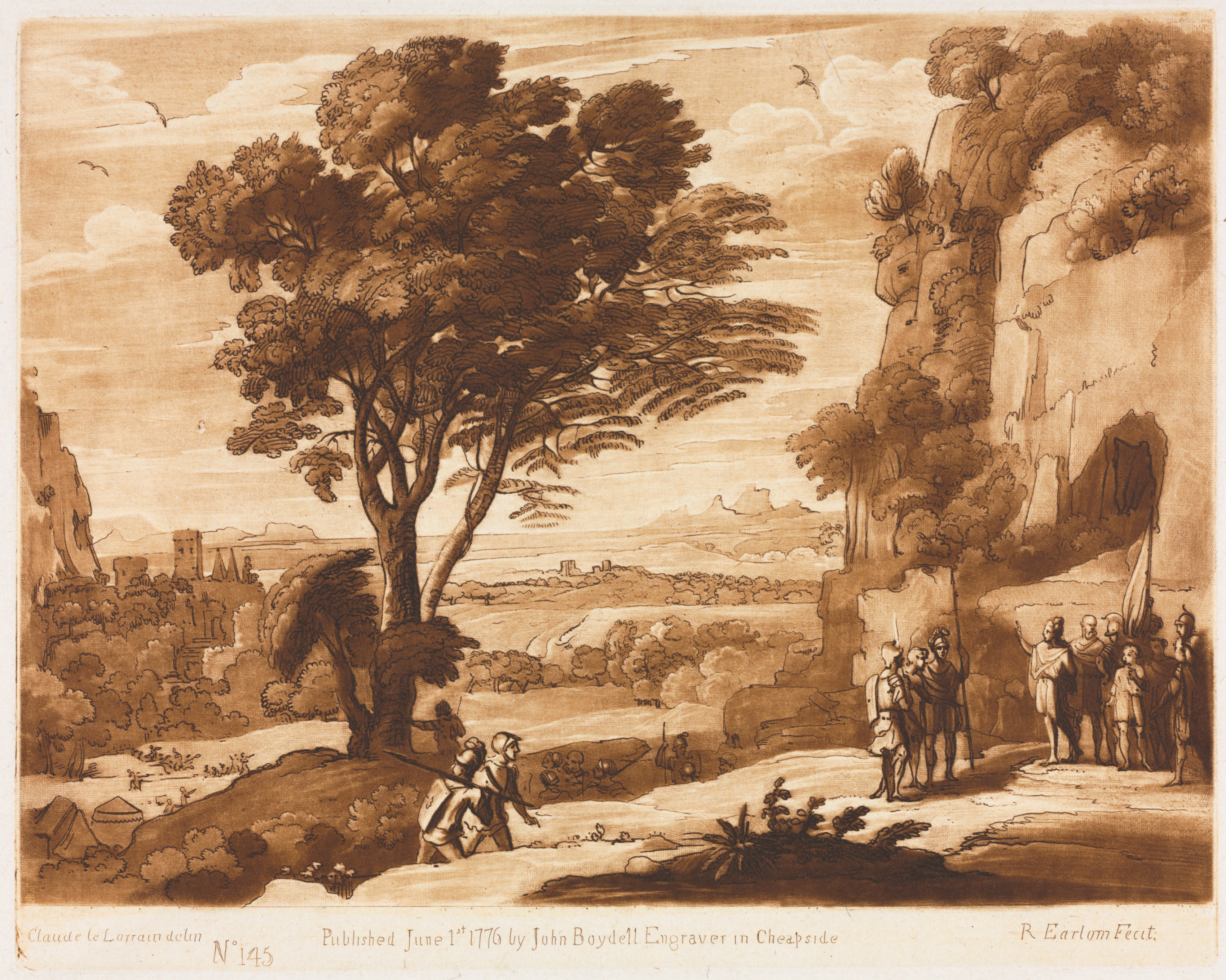 Richard Earlom, Liber Veritatis:  No. 145, A Landscape, with Figures, Simon brought before Priam