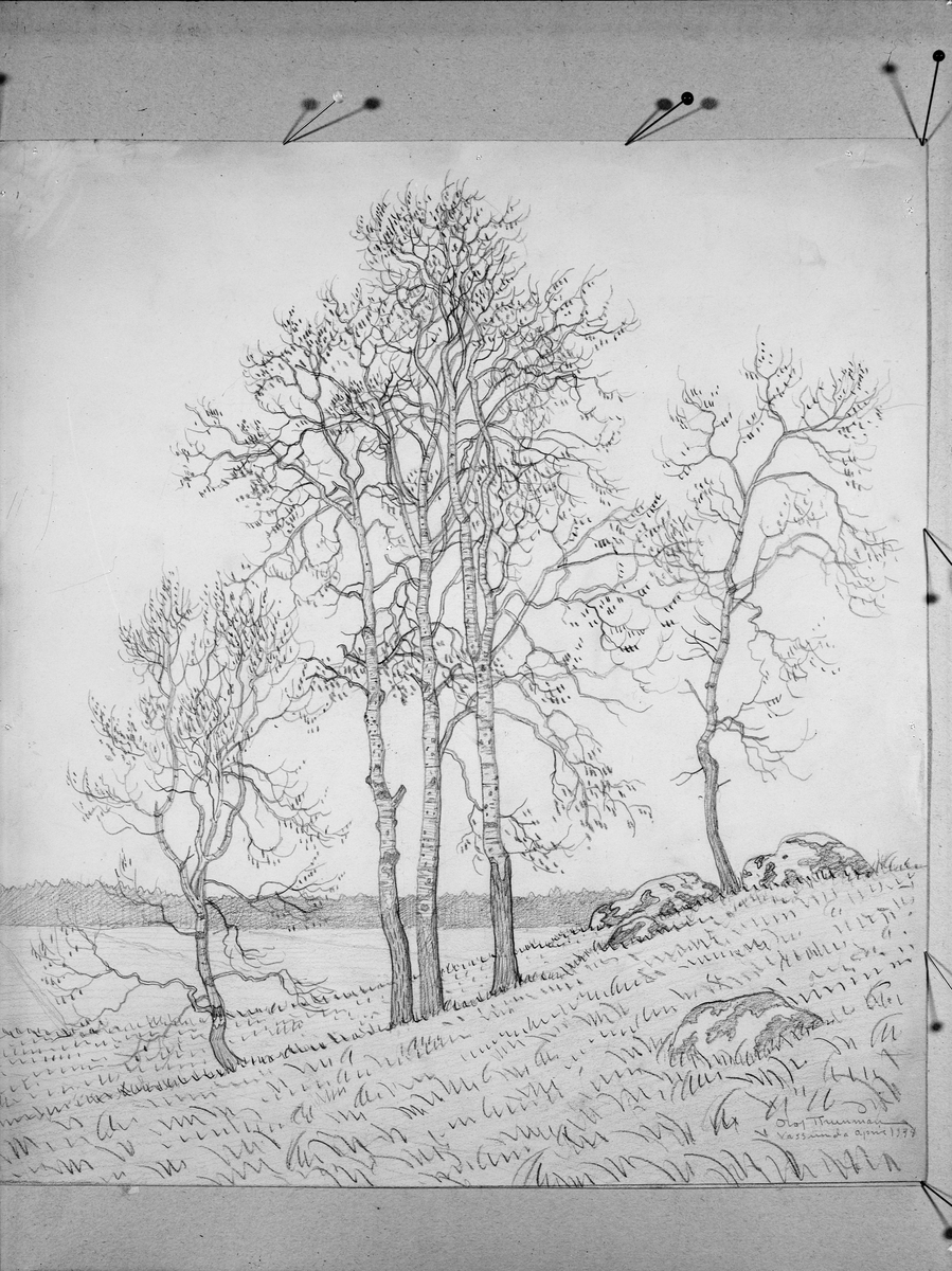 Paul Sandberg, Konstverk - teckning med motiv från Vassunda socken, Uppland, signerad "Vassunda april 1938"