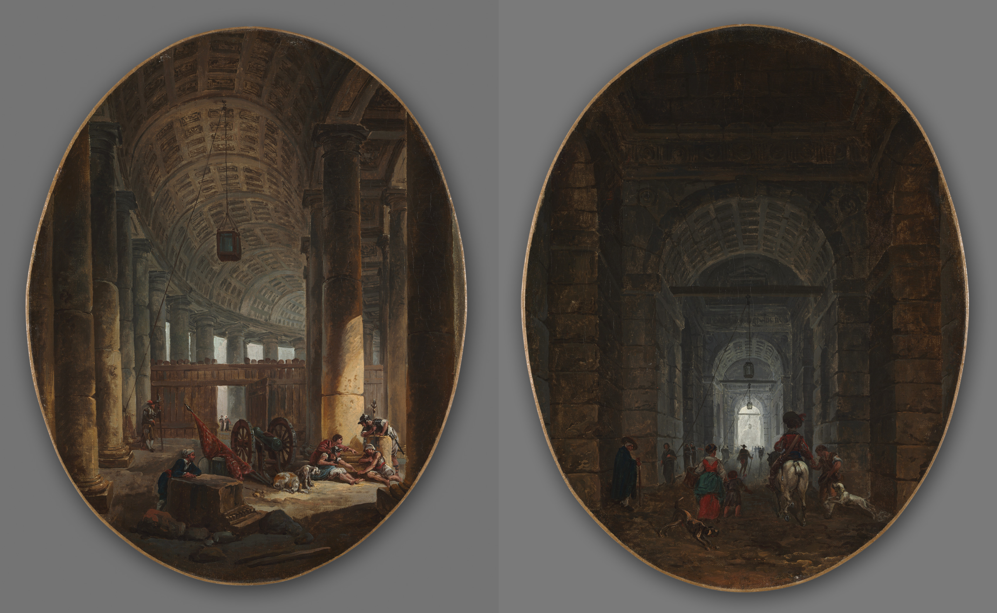 Hubert Robert, Pair of Paintings: The Colonnade of St. Peter's, Rome, during the Conclave and The Grotto of Posillipo
