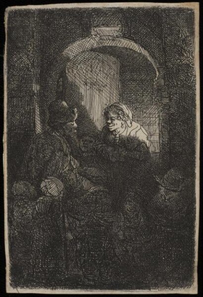 Rembrandt van Rijn, Woman at a door hatch talking to a man and children (The Schoolmaster)