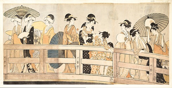 Kitagawa Utamaro, Enjoying the Cool Evening Breeze on and under the Bridge
