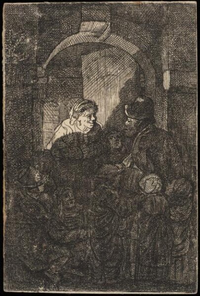 Rembrandt van Rijn, Woman at a door hatch talking to a man and children (The Schoolmaster)