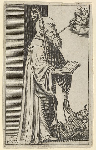 Marcantonio Raimondi, Saint Bernard standing holding an open book, a chained dragon at the lower right, from "Piccoli Santi" (Small Saints)