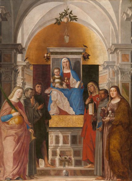 Marcello Fogolino, Madonna and Child with Sts Catherine, Francis of Assisi, John the Baptist, John the Evangelist, Antony of Padua and Mary Magdalene