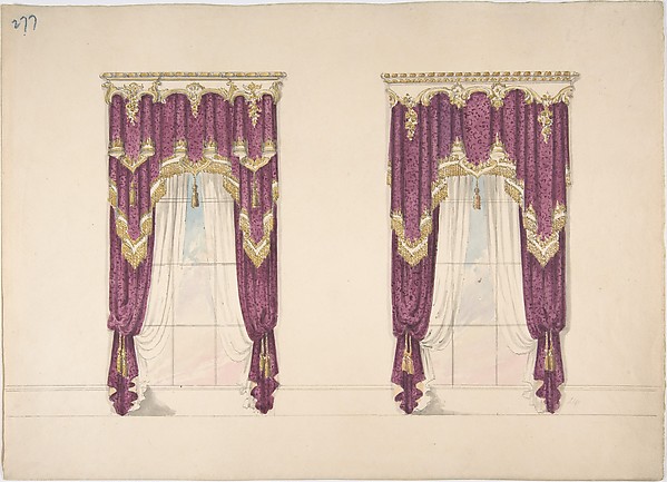Anonymous, British, 19th century, Design for Purple Curtains with Gold Fringes and a Gold and White Pediment