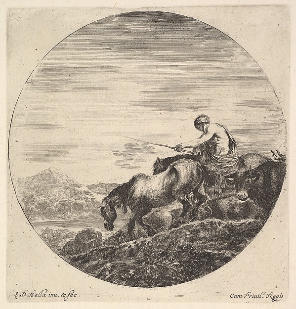 Stefano della Bella, A shepherd at right, facing left, driving a group of animals downhill, from "Six Animal Subjects" (Six Sujets d'Animaux)