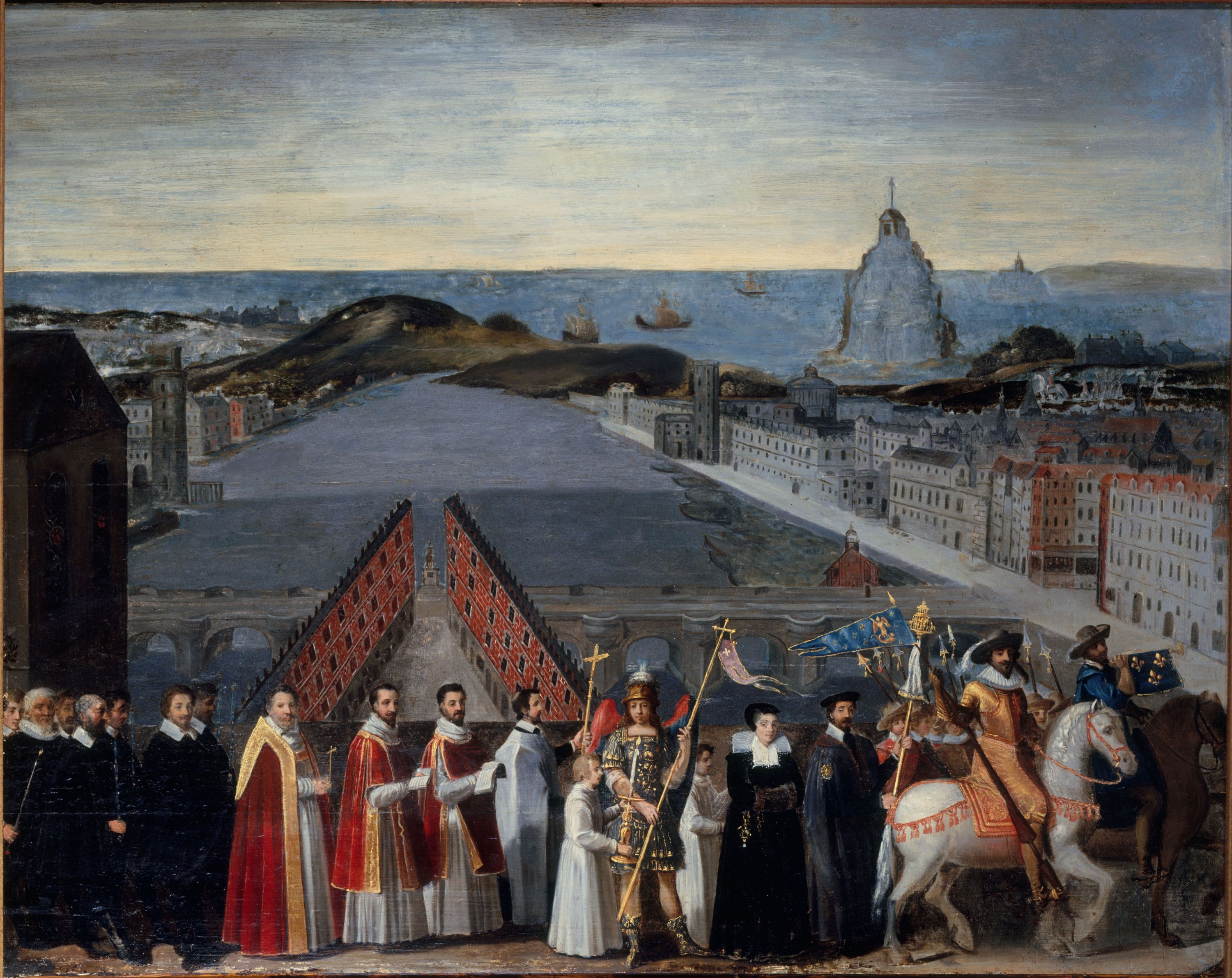 Anonyme, Procession de la confrérie parisienne des pèlerins de Saint-Michel-du-Mont sur le Pont-Neuf.