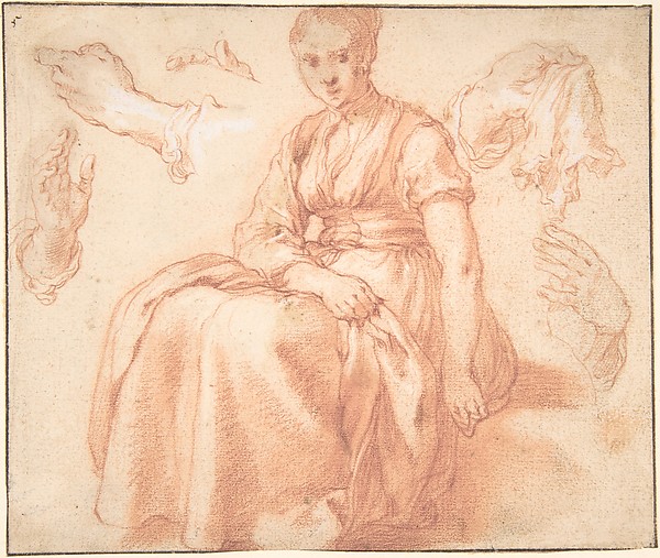 Abraham Bloemaert, Study of a Seated Woman and Five Studies of Hands; Verso: Landscape with a Road and a Tree to the Right