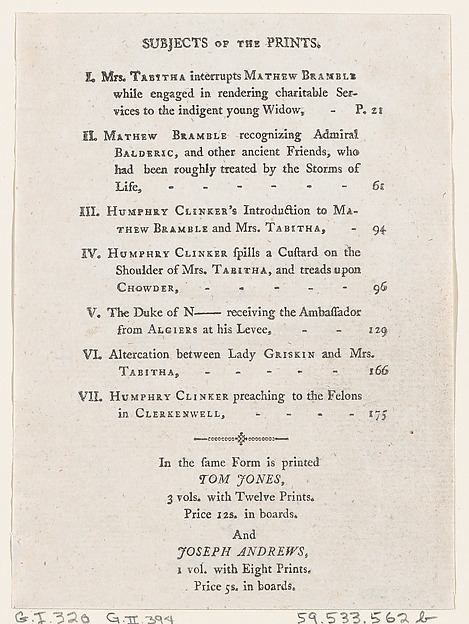 Thomas Rowlandson, List of Plates I-VII, from Tobias Smollett's "The Expedition of Humphry Clinker" (London, 1793), Vol. 1