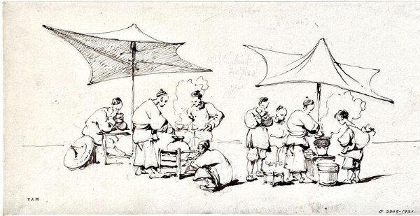 George Chinnery, Groups of food vendors and customers beneath sunshades