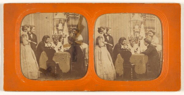 Unknown, [Two men playing cards, another man and two women watching]